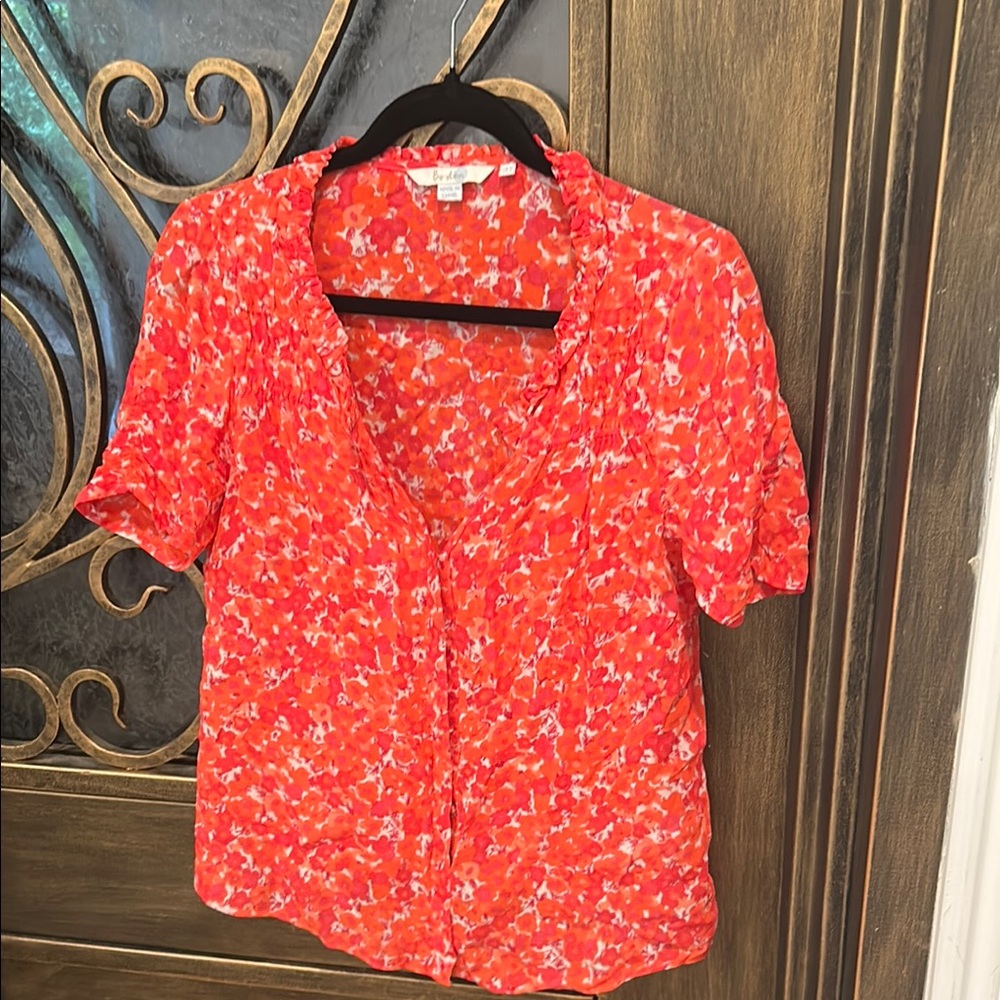 Boden Red and White Notched Collar Ruched Blouse